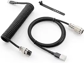 GUNMJO Cabo USB C espiral personalizado Pro para teclado de jogos, cabo de teclado mecânico de manga dupla com aviador de metal destacável, 1,5 m USB-C para USB-A, cor preta clássica