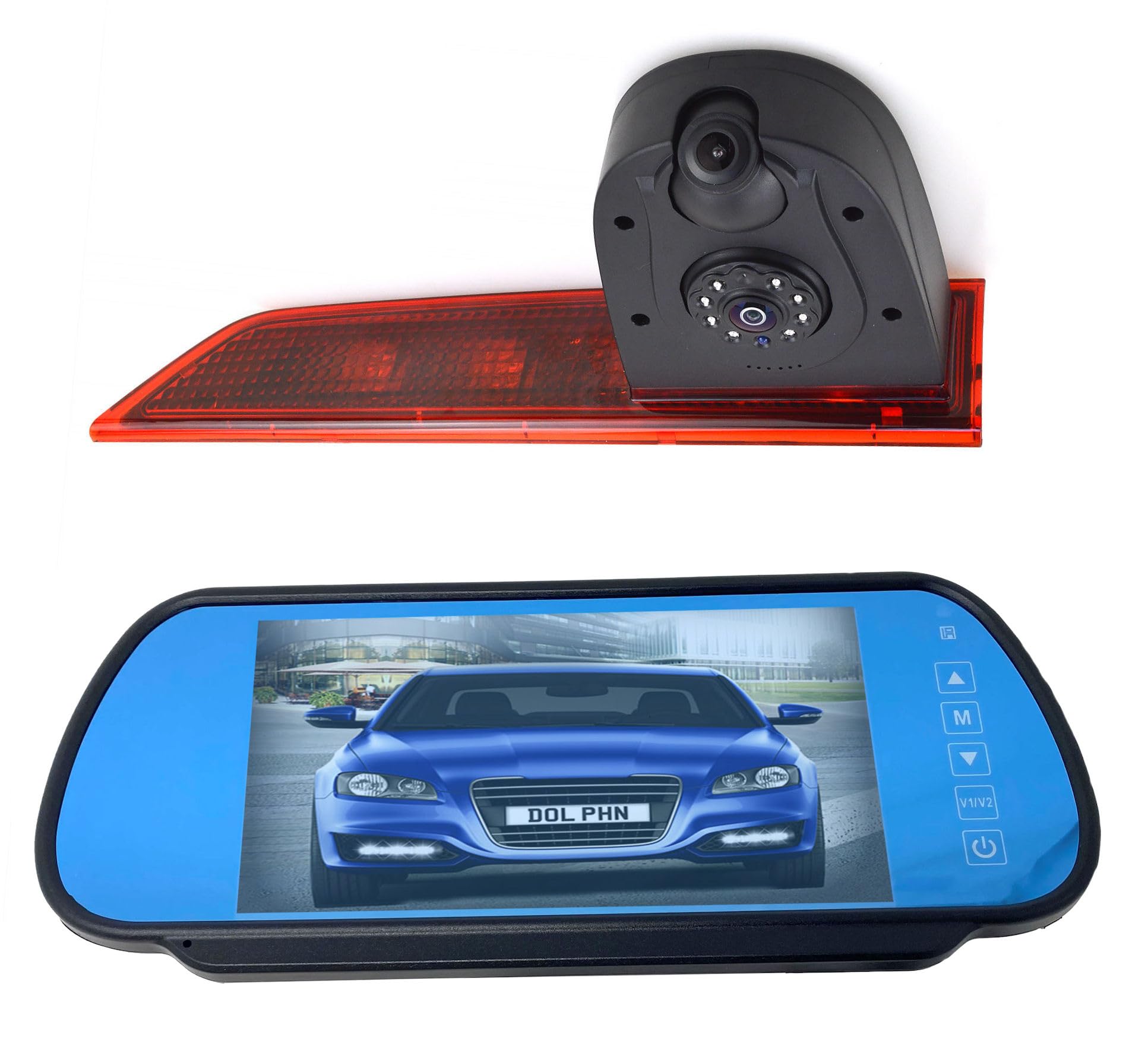 Dolphin Automotive Cámara de marcha atrás dual para Ford Transit Custom 2016 en adelante (LED) reemplaza la luz de freno en la puerta trasera izquierda (cámara con monitor de espejo de 7 pulgadas)