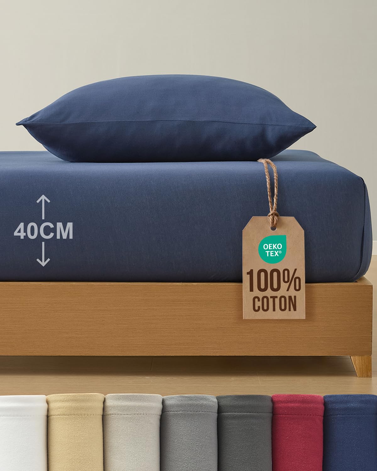 Drap-Housse Jersey Coton 90x200cm bonnet 40cm bleu marine avec taie d'oreiller 80x80