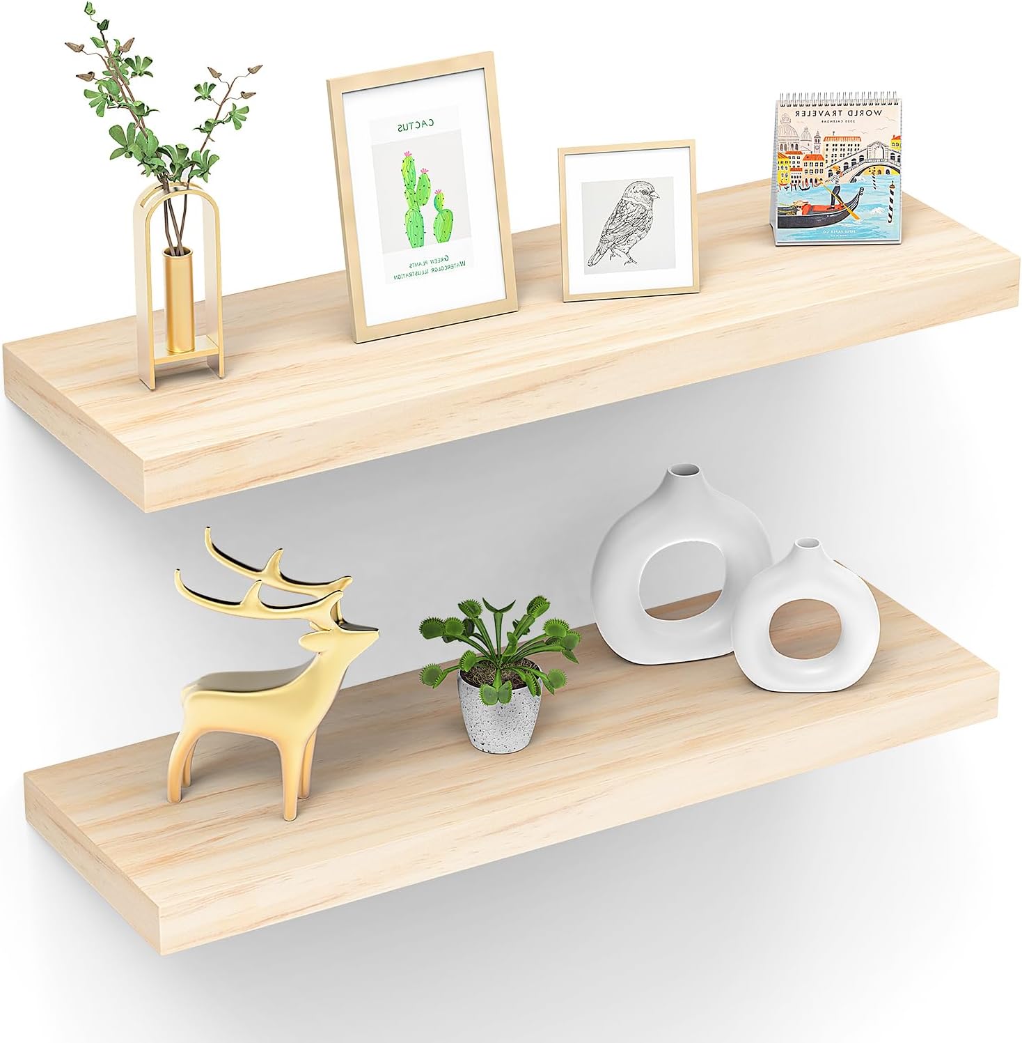 Floating Shelves (Set of 2) – Wall Mounted Shelves for Home Décor and Storage, Natural Pine Wood, Suitable for Living Room and Bedroom (Unfinished, 23.6" x 6.7" x 1.2")