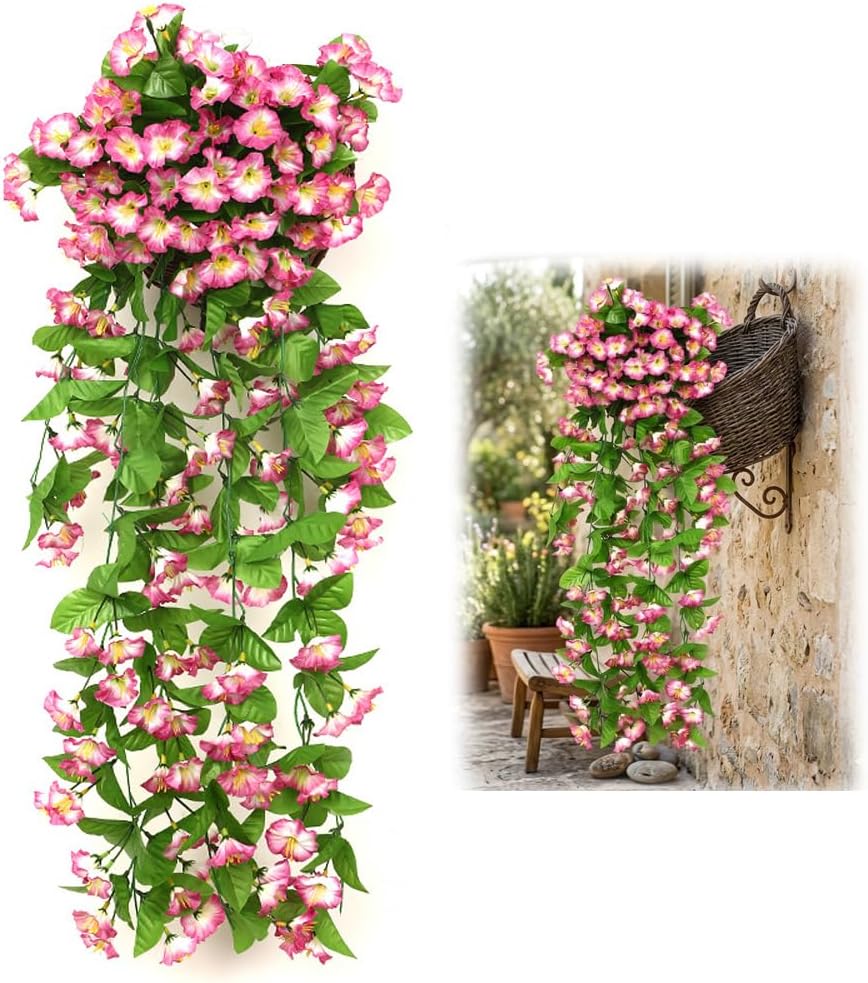 Withaffect Outdoor/Indoor UV Resistant & Waterproof Artificial Flower Decor - 33" UV Resistant Faux Morning Glory Flowers - Fake Outdoor Plants for Porch Patio Balcony Garden Decor (Dark Pink)