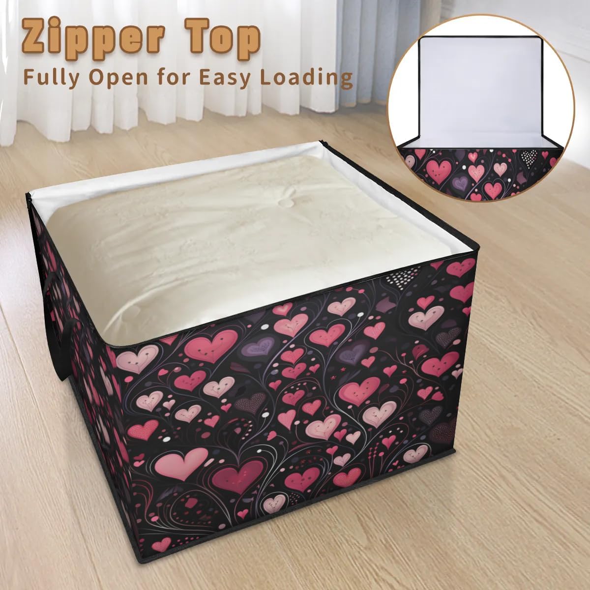 Honeybaby 214L Extra Large Comforter Storage Bag Day Love Valentine Storage Totes with Lids Waterproof Closet Organizer Folding Blanket Storage Bags for Clothes Bedding Pillows