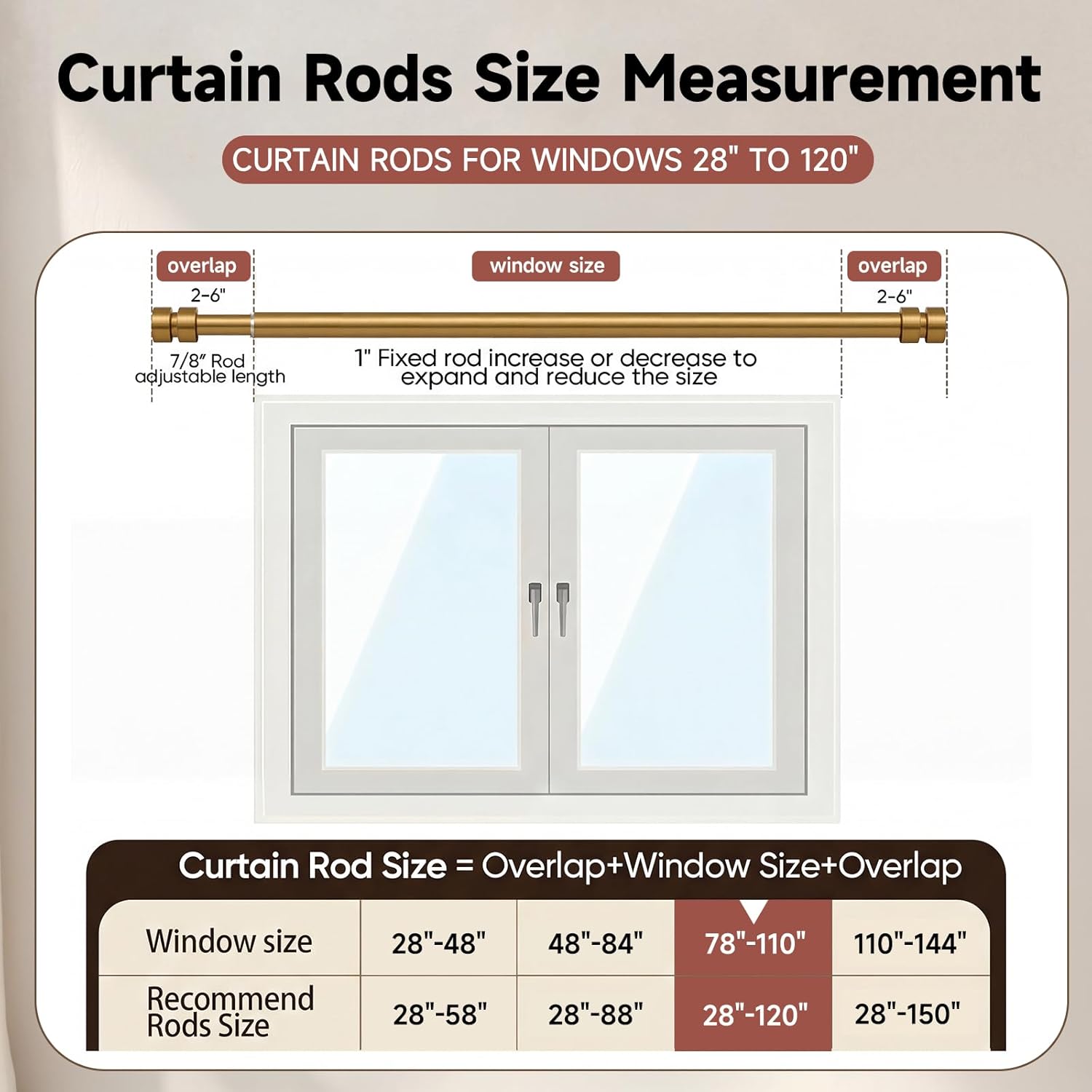 Warm Gold Curtain Rods with Solid Metal Finials 66 to 120 Inches Adjustable Heavy Duty 1 Inch Brass Curtain Rod for Windows, Modern Decorative Drapery Rods for Bedroom Kitchen Living Room
