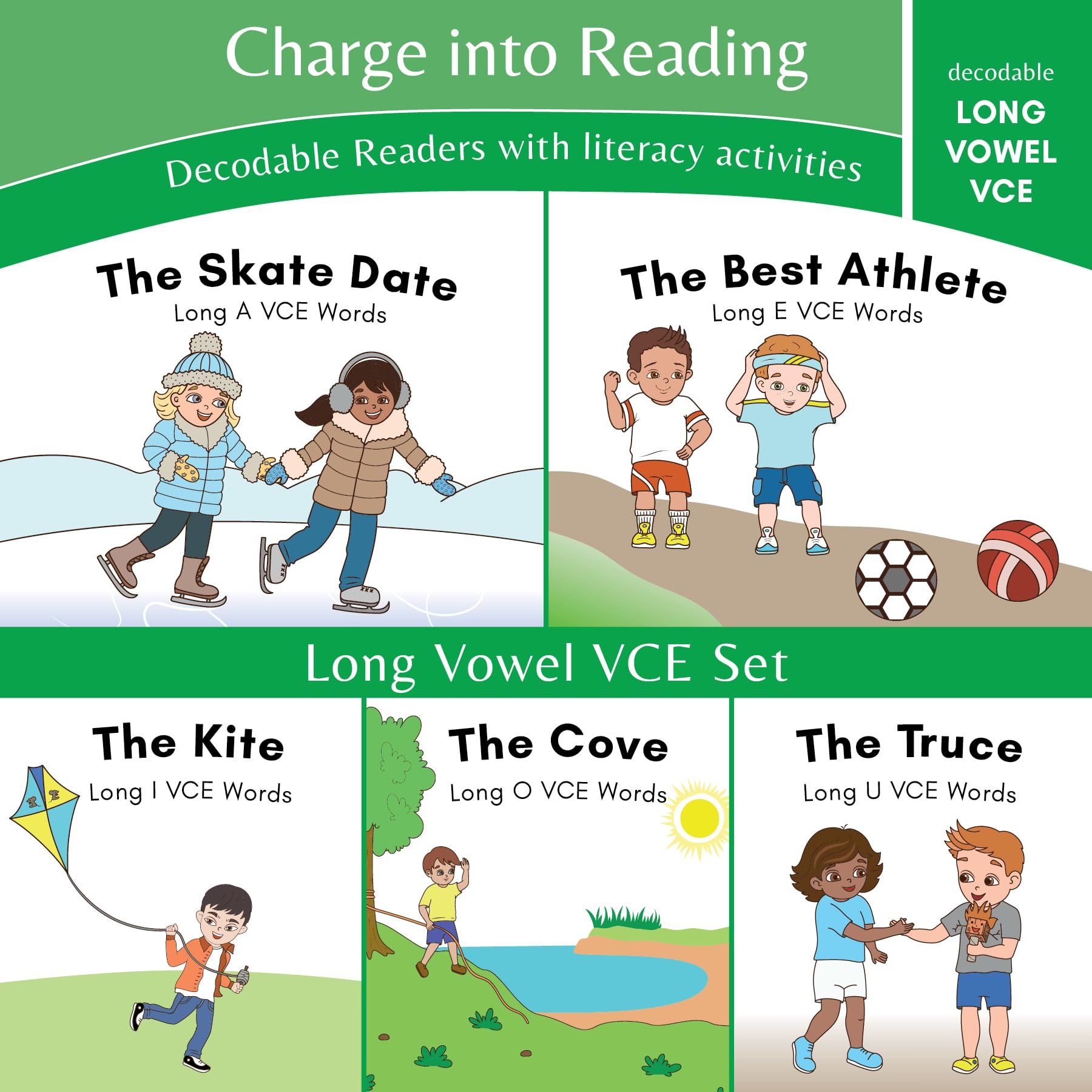 Charge into Reading Decodable Books (Stage 4): 5 Long Vowel VCE Decodable Readers to Help Kindergarten and First Grade Beginning Readers Learn to Read (One Long Vowel VCE Type Per Book)