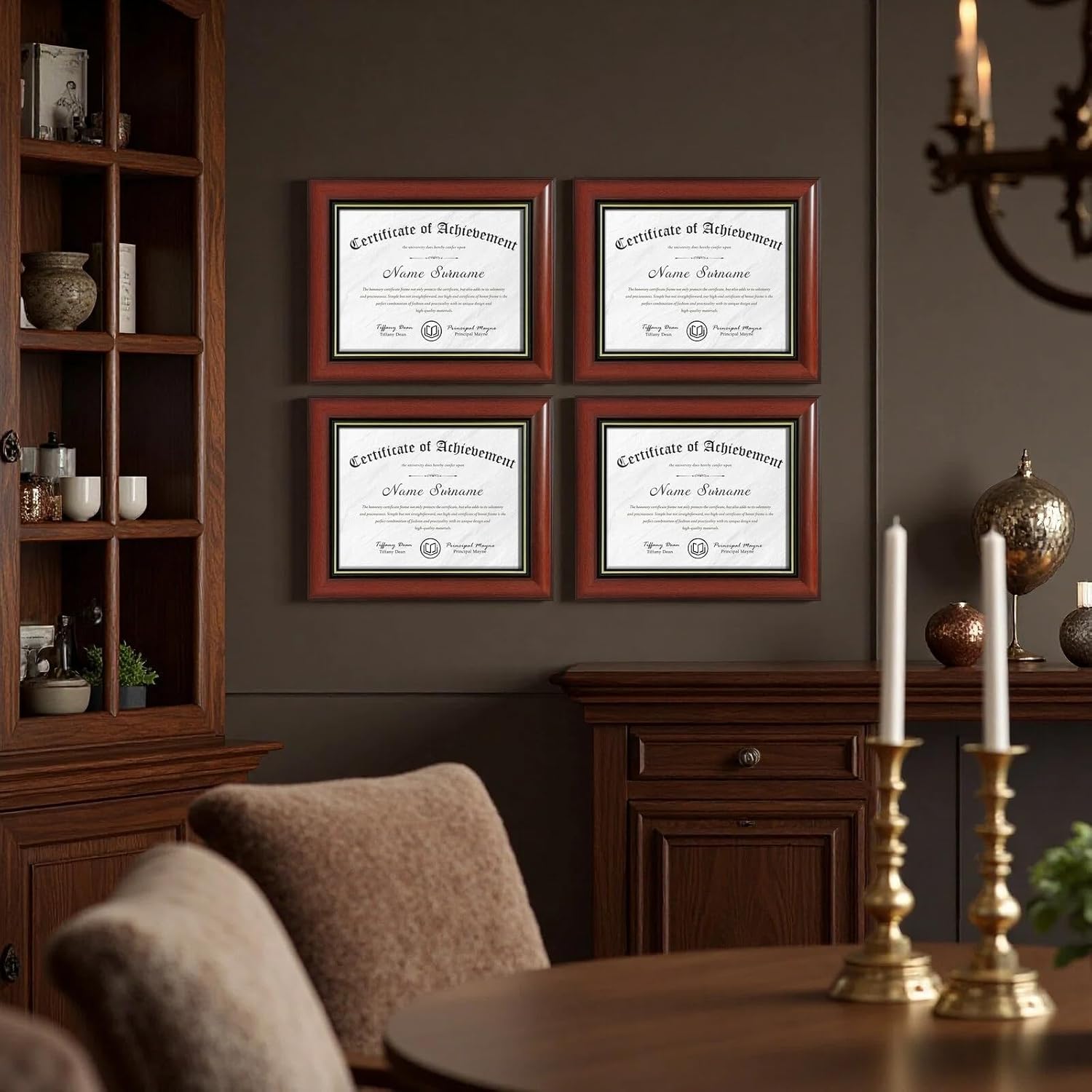 Wiscet Diploma Frame 8.5 x 11, Display 8.5 by 11 Picture Certificate Document Degree Frames with High Definition Glass, Wall Mount or Tabletop Display, Cherry Finish with Gold Rim