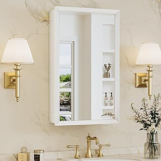 TokeShimi 14 x 24 White Recessed Medicine Cabinet with Mirror, Assembly Required, Bathroom Medicine Cabinet with Mirror, Stepless Adjustable Shelves, Beveled Aluminum Frame, DTC Hinge