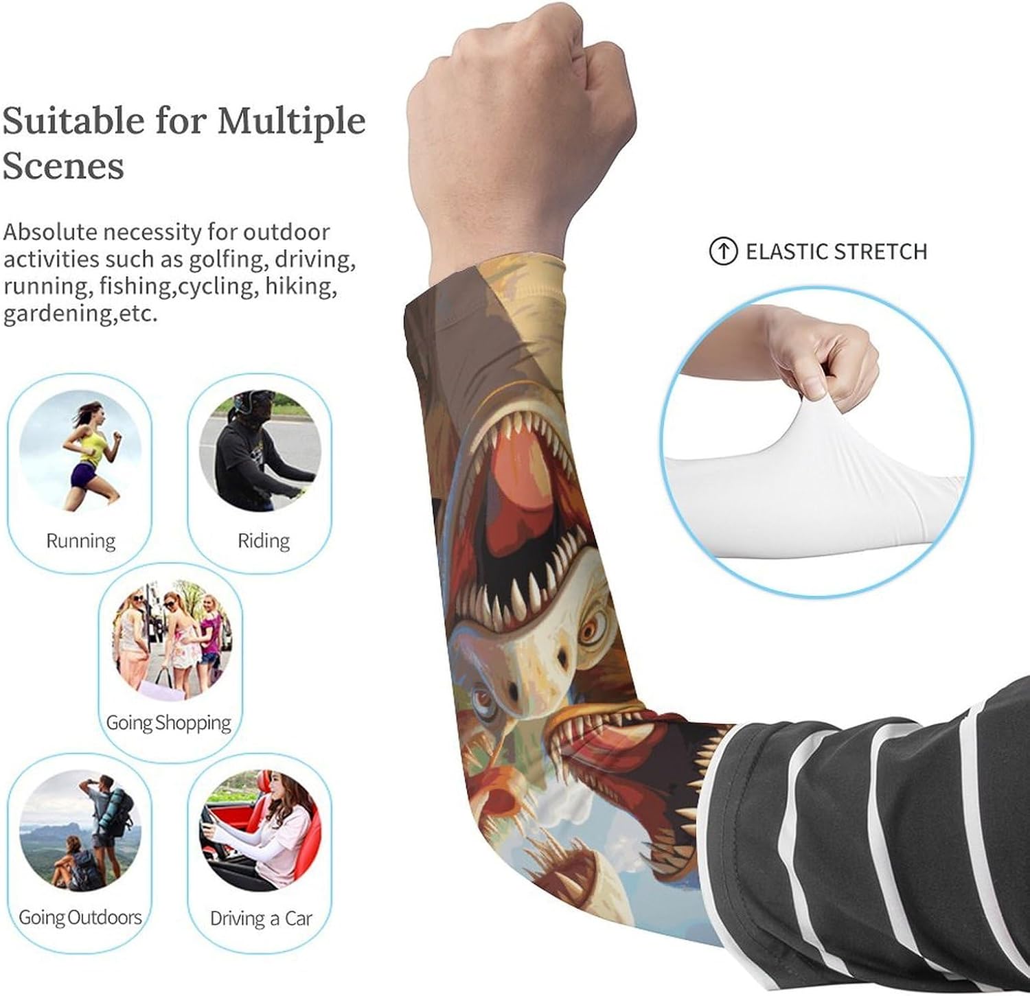 UV Sun Protection Cooling Arm Sleeves XX-Large (xx_l), Compression, Soft | Dinosaurs Selfie Arm Covers for Sport, Breathable, Tattoo Cover Up, Portable Arm Brace for Women Men