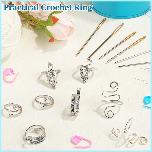 Miniatura 3 de 8 piezas de anillo de ganchillo, anillo de ganchillo ajustable para dedo, anillos de tensión para hilo de gato, guía de hilo para tejer, dedal