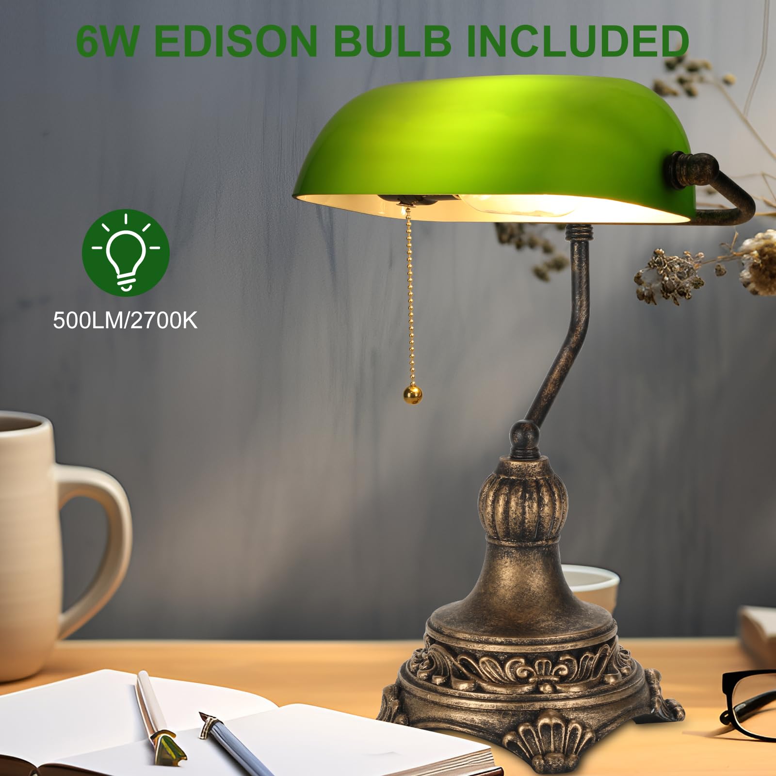 NISSAFORS Bankers Lamp with Pull Switch, Green Glass Desk Lamp with Retro  Black/Gold Finish, Vintage Table Lamps for Living Room, Library,