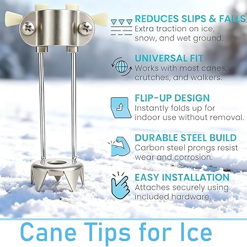 Miniatura 4 de Paquete de 2 accesorios de punta de hielo de caña para todo terreno, punta de metal duradero de 5 puntas para caminar al aire libre de adultos,