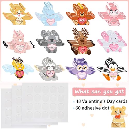 Miniatura 2 de Zonon 48 tarjetas del día de San Valentín con diseños de animales, regalos para niños, tarjetas de felicitación de San Valentín, soporte para
