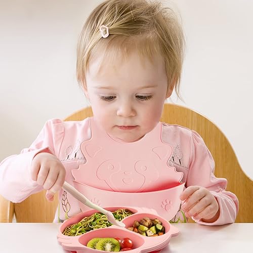 Miniatura 5 de Juego de 5 platos y cuencos para niños pequeños, juego de alimentación de silicona para bebés con succión, platos para bebés con cuchara y tenedor