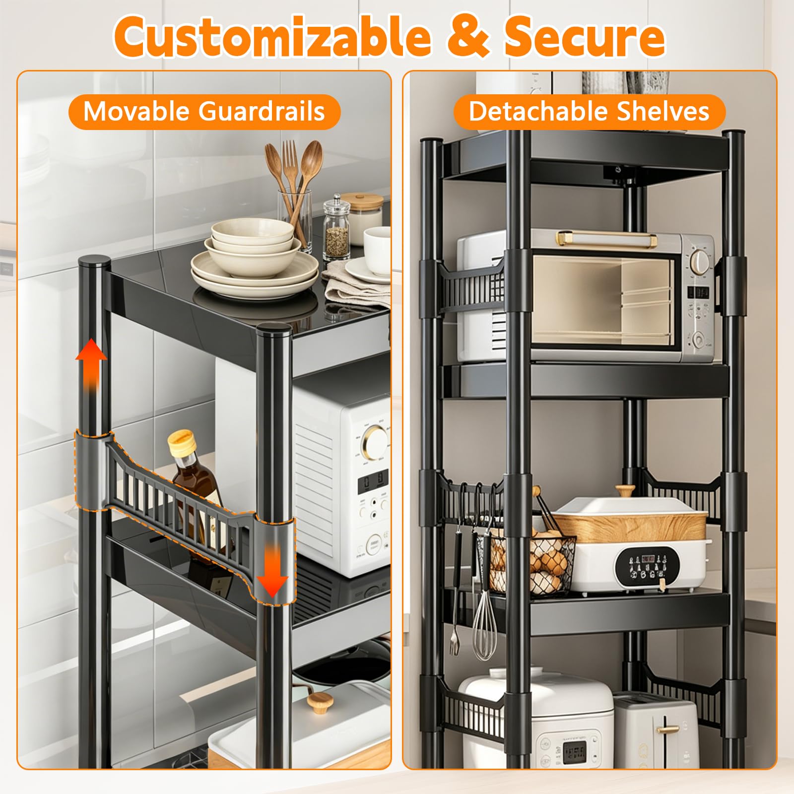 Scaffale in metallo a 5 ripiani con ruote, resistente, 40 x 40 x 160 cm, regolabile, carrello da cucina in metallo per cucina, garage, dispensa, nero