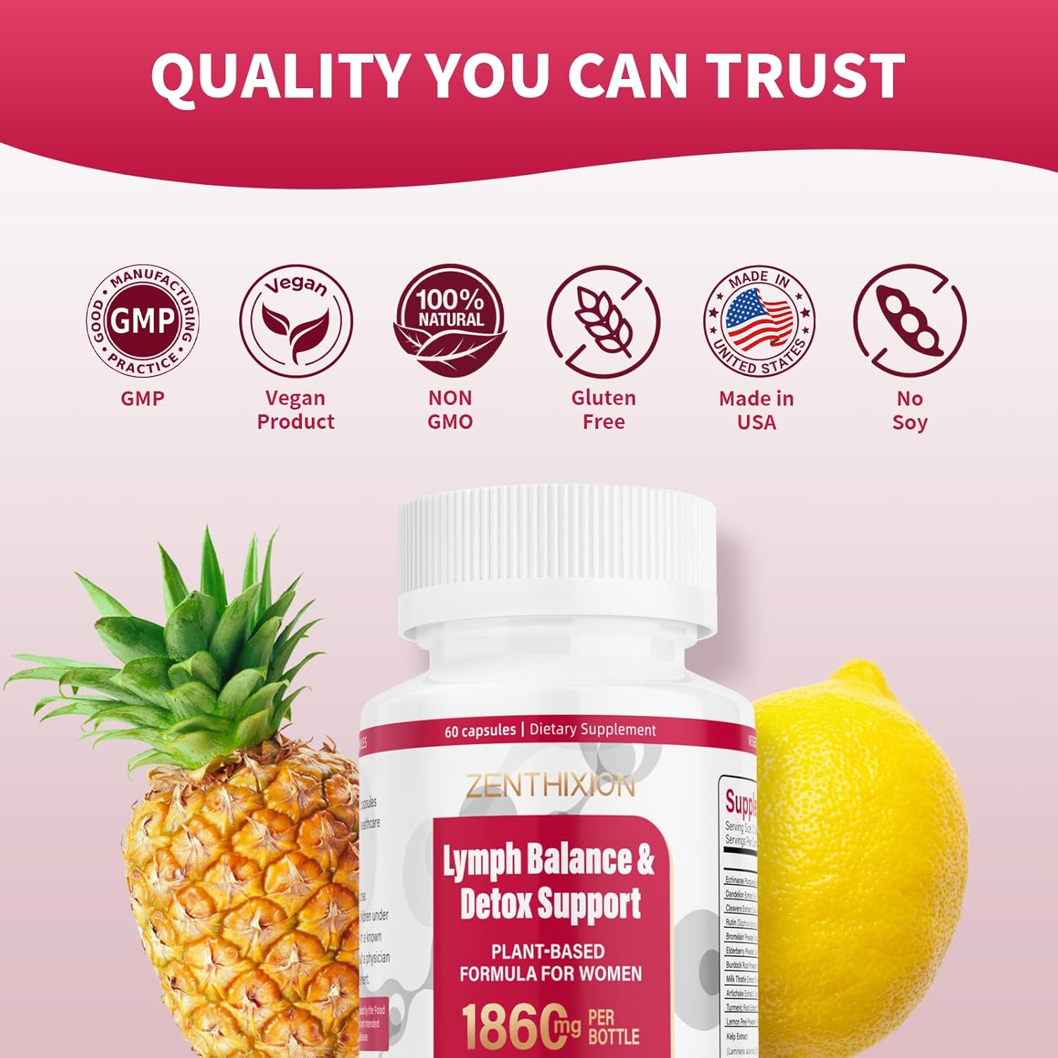 Lymphatic Drainage Supplements, 1860mg Lymph System Support Supplement for Women with Dandelion, Burdock, Echinacea, Rutin, Turmeric, Cleavers, Bromelain & More, 60 Capsules