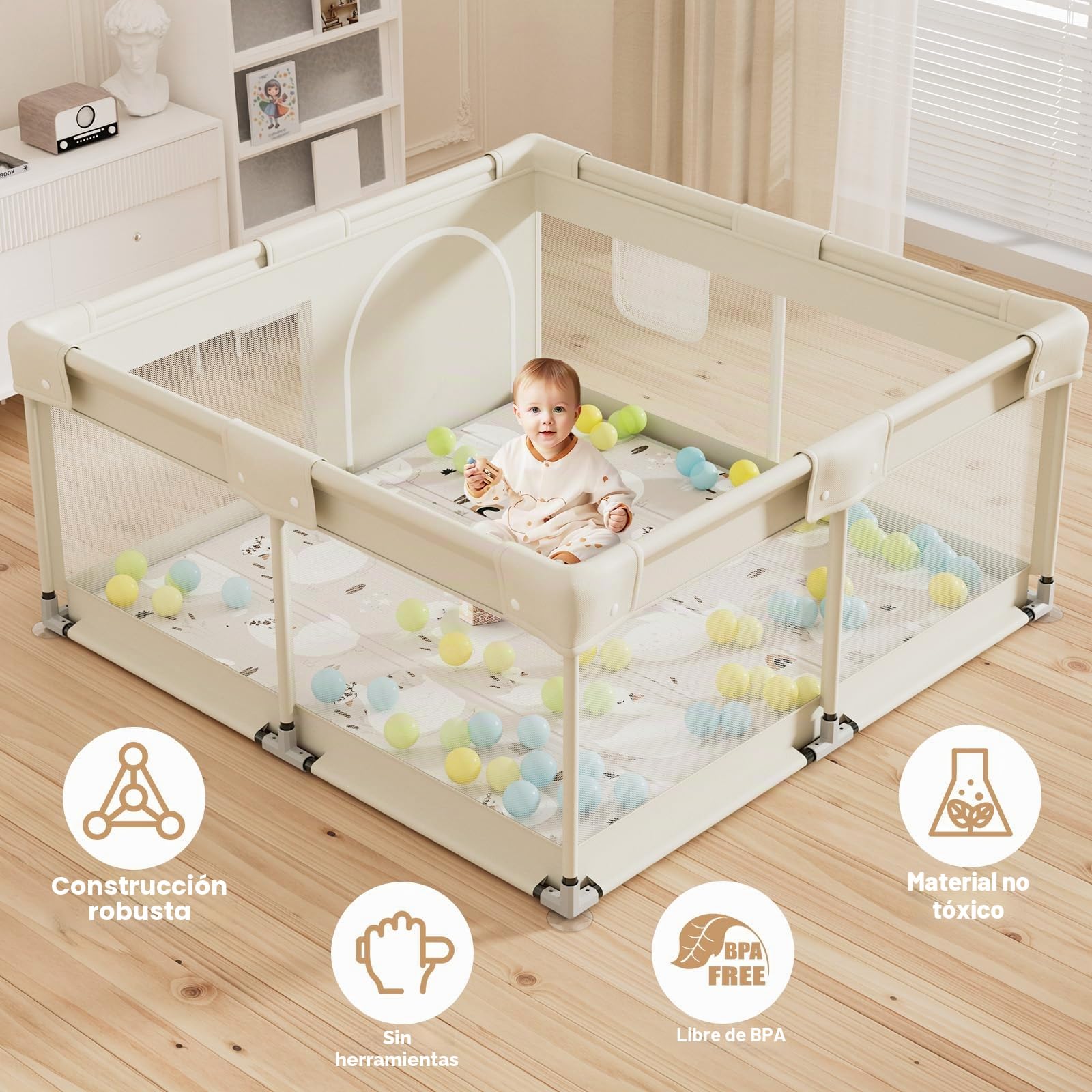 Parque Bebe con Alfombra, Beige Niño, Barreras, Parque Bebé de Tela Oxford, Juego para Apartamento