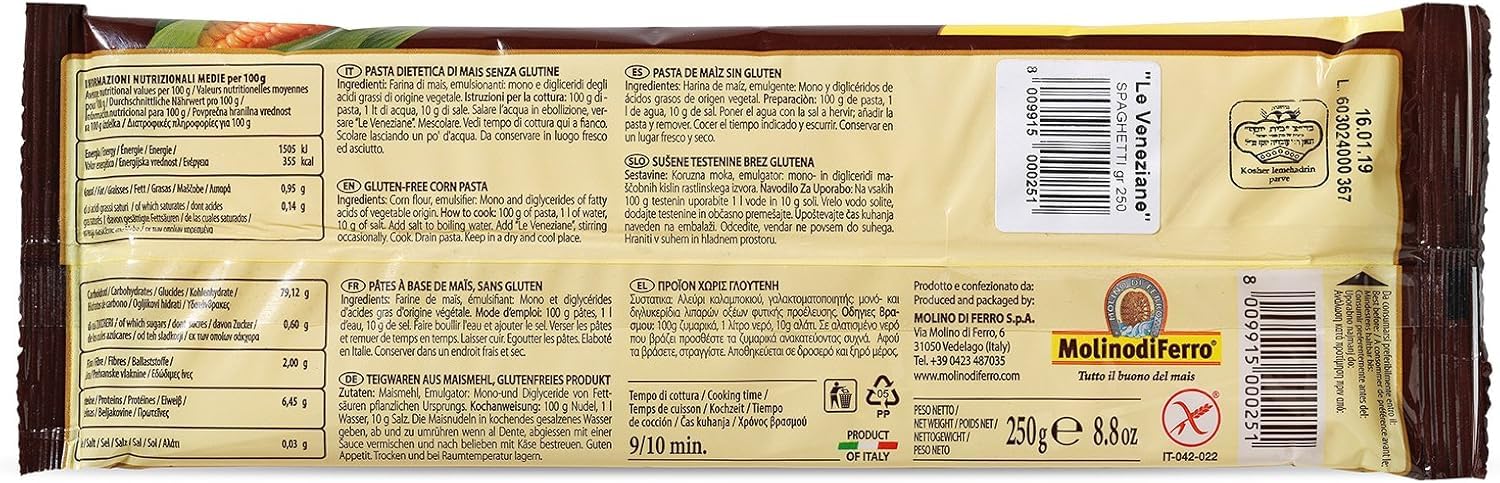 Italian Gourmet Pasta di Mais Spaghetti 24 x 250g, glutenfreie Nudeln | Senza glutine e prodotto italiano; gluten free, goldgelb, ideale Konsistenz, Gesamtnettogewicht 6 kg + Kostenlos Polpa 400g