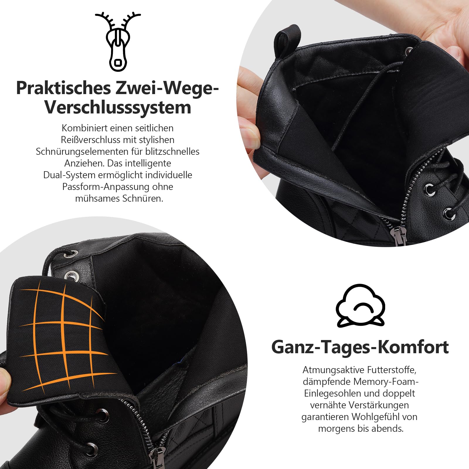 todaysunny Stiefeletten Damen Schnürstiefel Springerstiefel Schwarz Leder Wasserdichte Stiefeletten mit Reißverschluss Niedriger Absatz Schuhe Herbst Winter Combat Boots