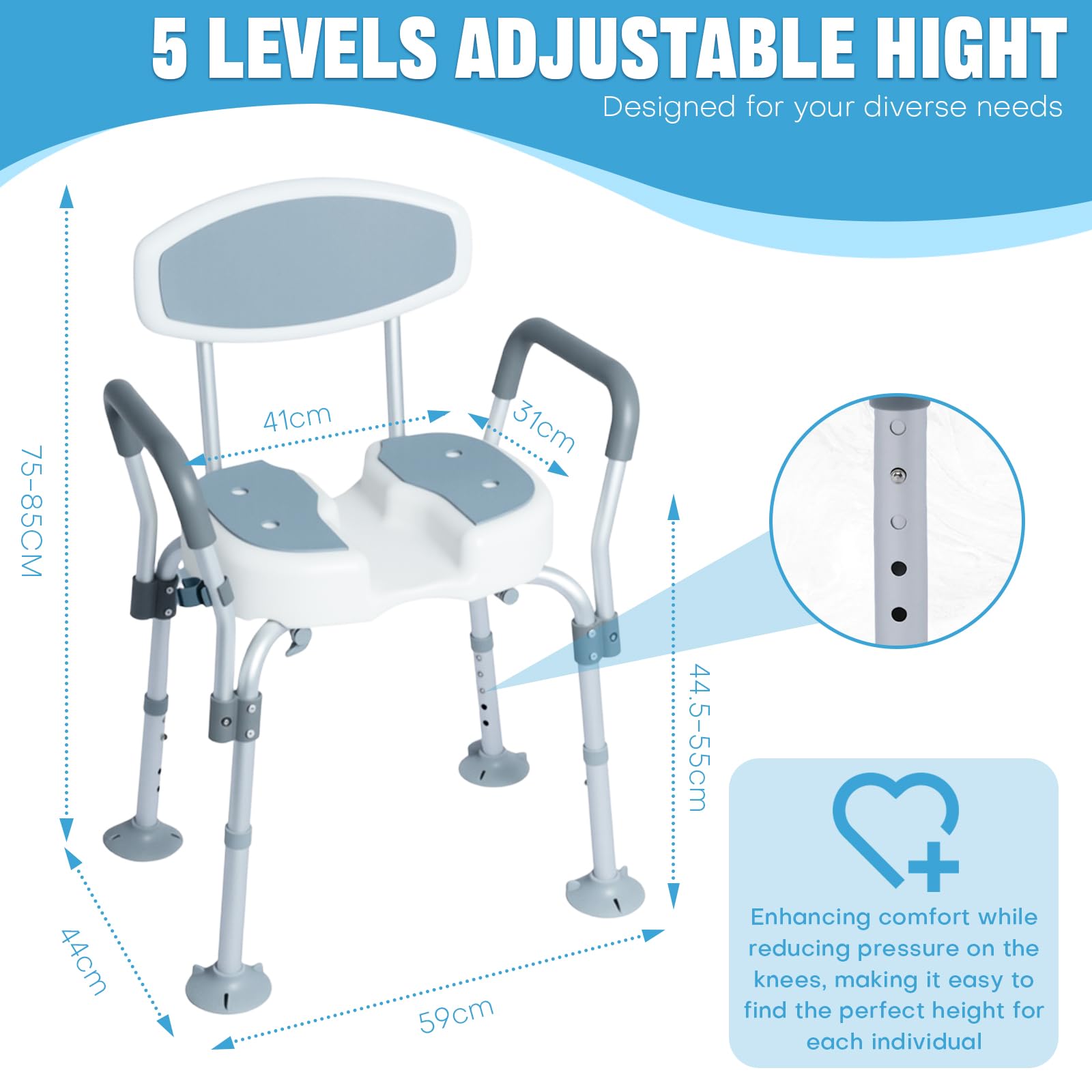 Bostar Silla Ducha Personas Mayores Antideslizante con Respaldo y Reposabrazos/Diseño Forma de U, MAX. 136 kg Regulable 5 Alturas 44,5-55 cm Taburete Baño para Bañera y Ducha
