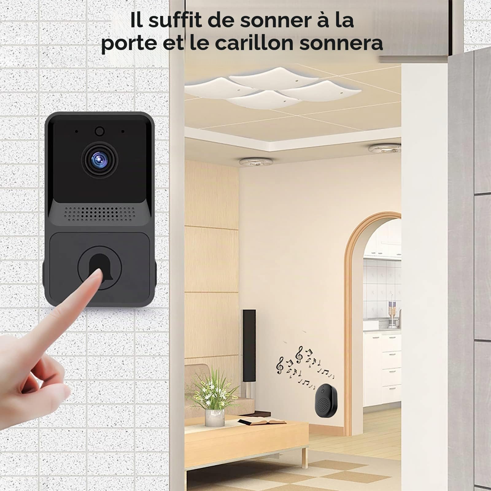 Sonnette Vidéo sans Fil, Sonnette Connectée Compatible Alexa Fonctionnant avec Google Assistant, Sonnette Connectée sans Fil 1080p Camera avec Batterie, Audio Bidirectionnel, PIR & Vision Nocturne