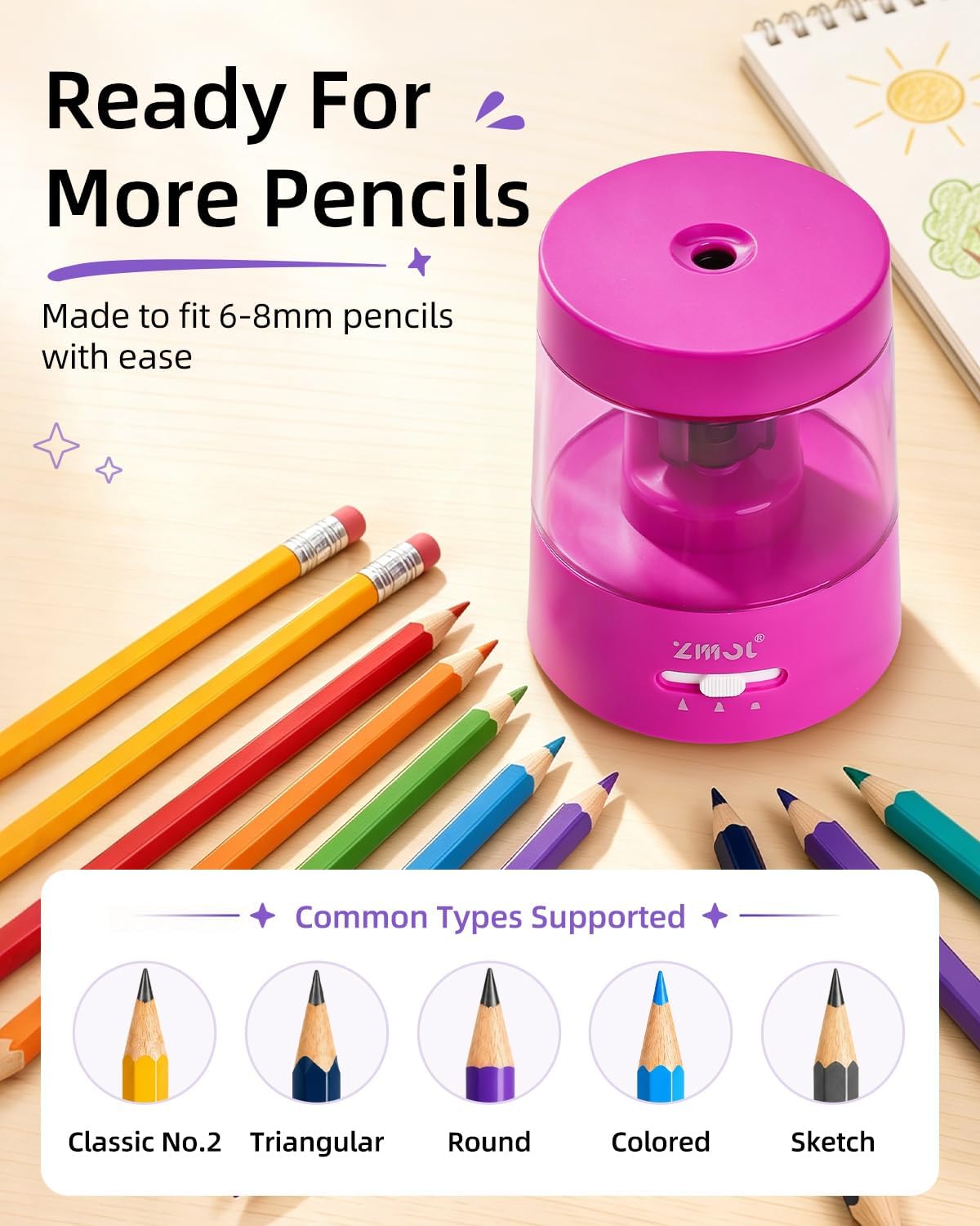 ZMOL Electric Pencil Sharpener, USB or 2 AA Powered, 6-8mm,Fuchsia image 3