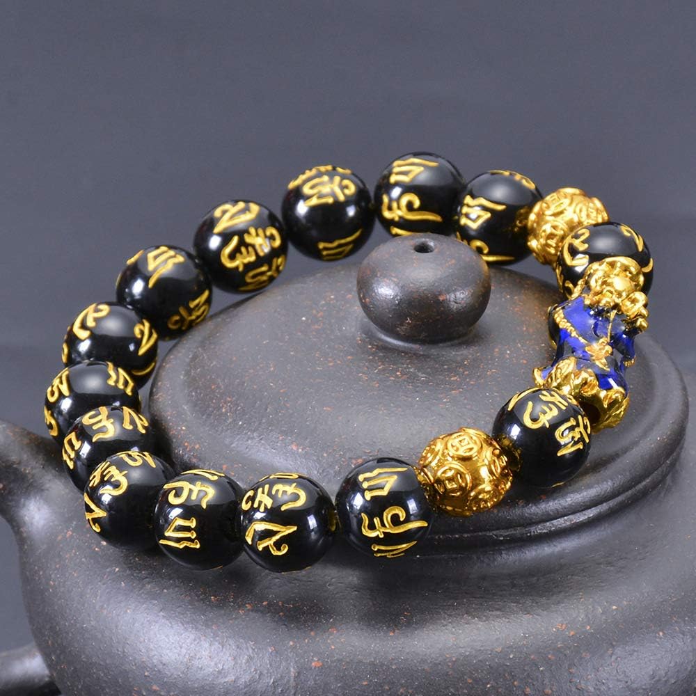 Feng Shui Prosperity 10mm Hand Carved Mantra Bead Bracelet with Color Changed Pi Xiu/Pi Yao Attract Wealth and Good Luck