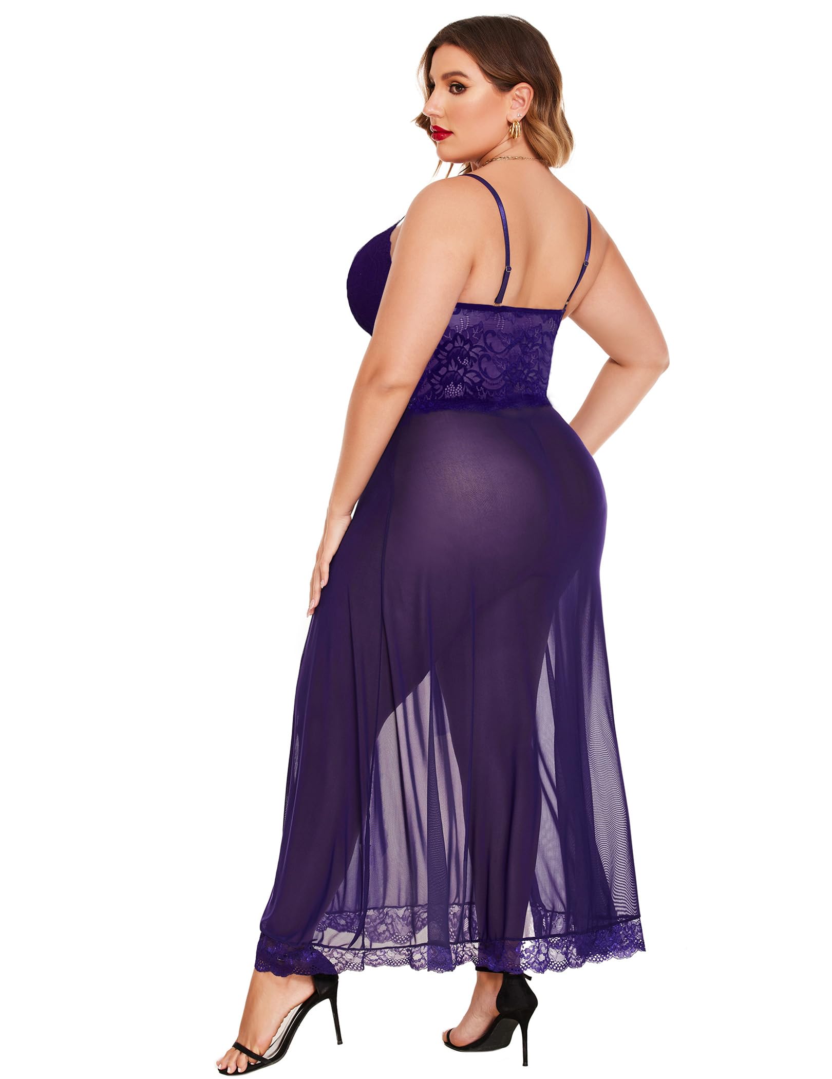 Alrovetoney Plus Size Lingerie For Women Babydoll Sexy Mesh Maxi Nightdress Exotic Sleepwear Side Slits: Purple 3X-Large