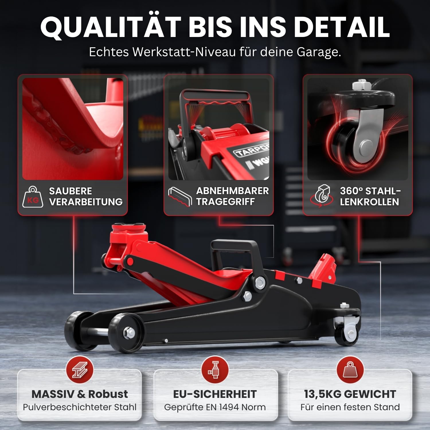 Tarpofix® Wagenheber 2,5t hydraulisch (85-380 mm Hubhöhe) | Premium-Komplettset Rangierwagenheber 2,5t mit Koffer | Hydraulischer Wagenheber flach für SUV & tiefergelegte Autos | Rot