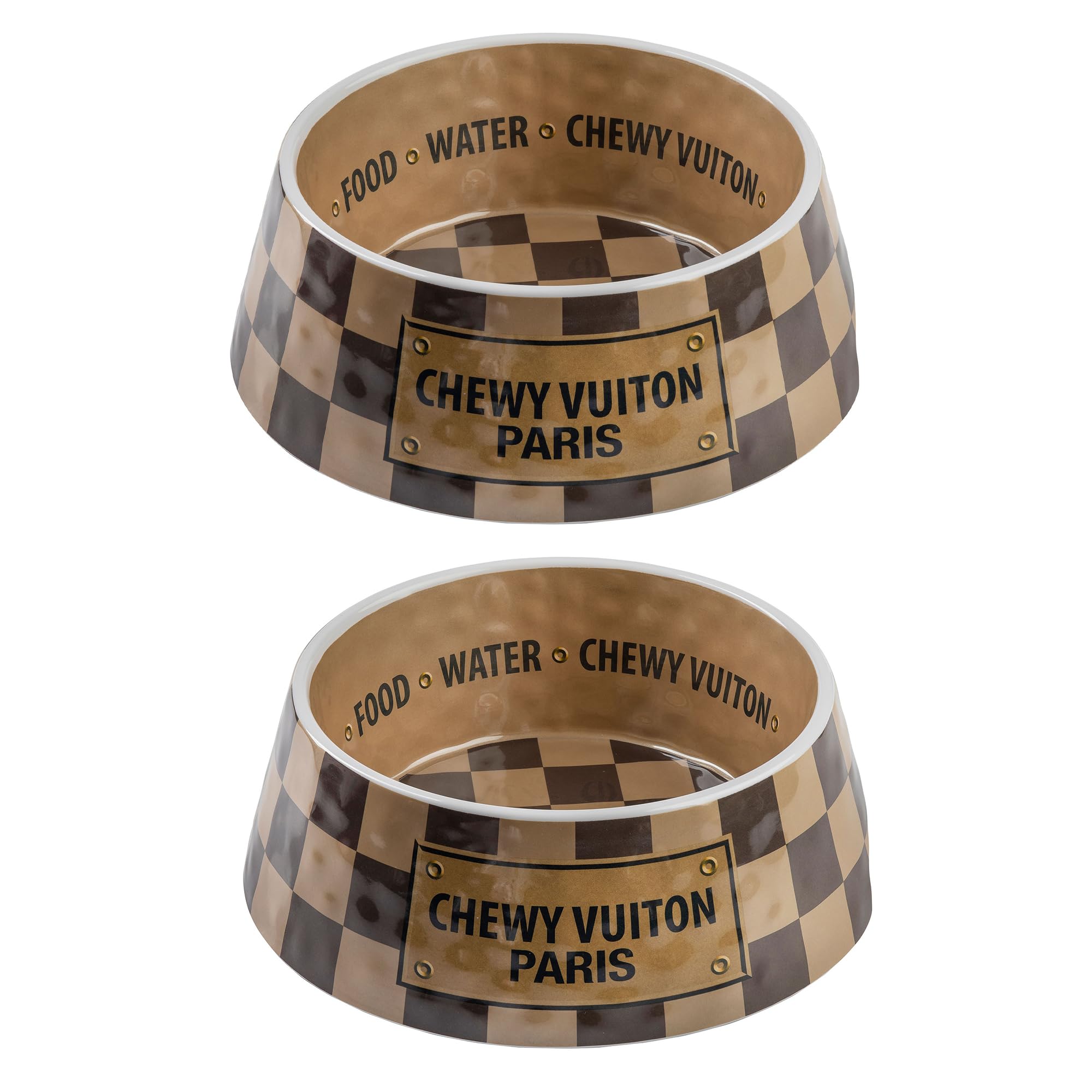 Haute Diggity Dog Checker Chewy Vuiton Dog Bowl, BPA-Free Food & Water Bowl for Small, Medium & Large Breeds, Non-Skid, Dishwasher Safe, Medium Size,