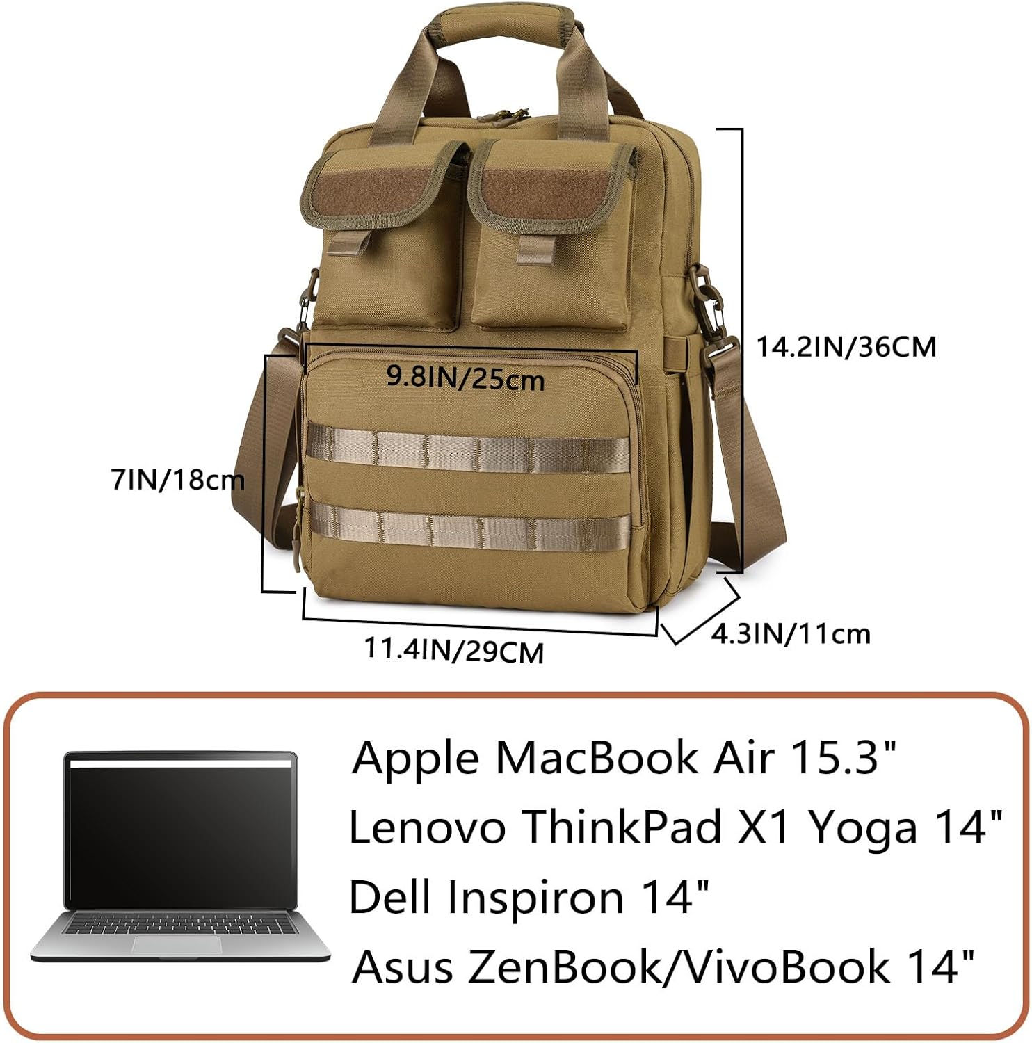 ArcEnCiel 14" Laptop Messenger Bag, 12L 900D Water-Resistant Oxford, MOLLE, Fits 14.2" Computer/Tablet for Business Travel