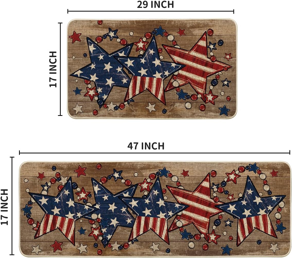 Artoid Mode Brown American Flag Stars 4TH of July Patriotic Kitchen Mats Set of 2, Memorial Day Home Decor Kitchen Rugs for Floor - 17x29 and 17x47 Inch
