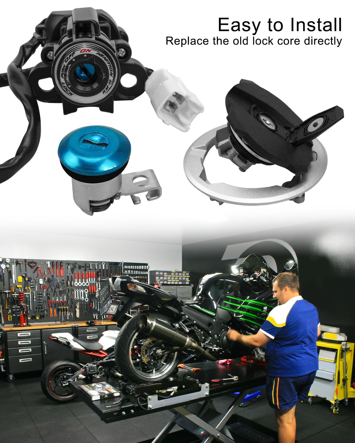 Ignition Switch Fuel Gas Cap Seat Lock Key Set Fit for Kawasaki Ninja 400 Z400 2018 2019 2020 2021 2022 2023 Full Car Lock