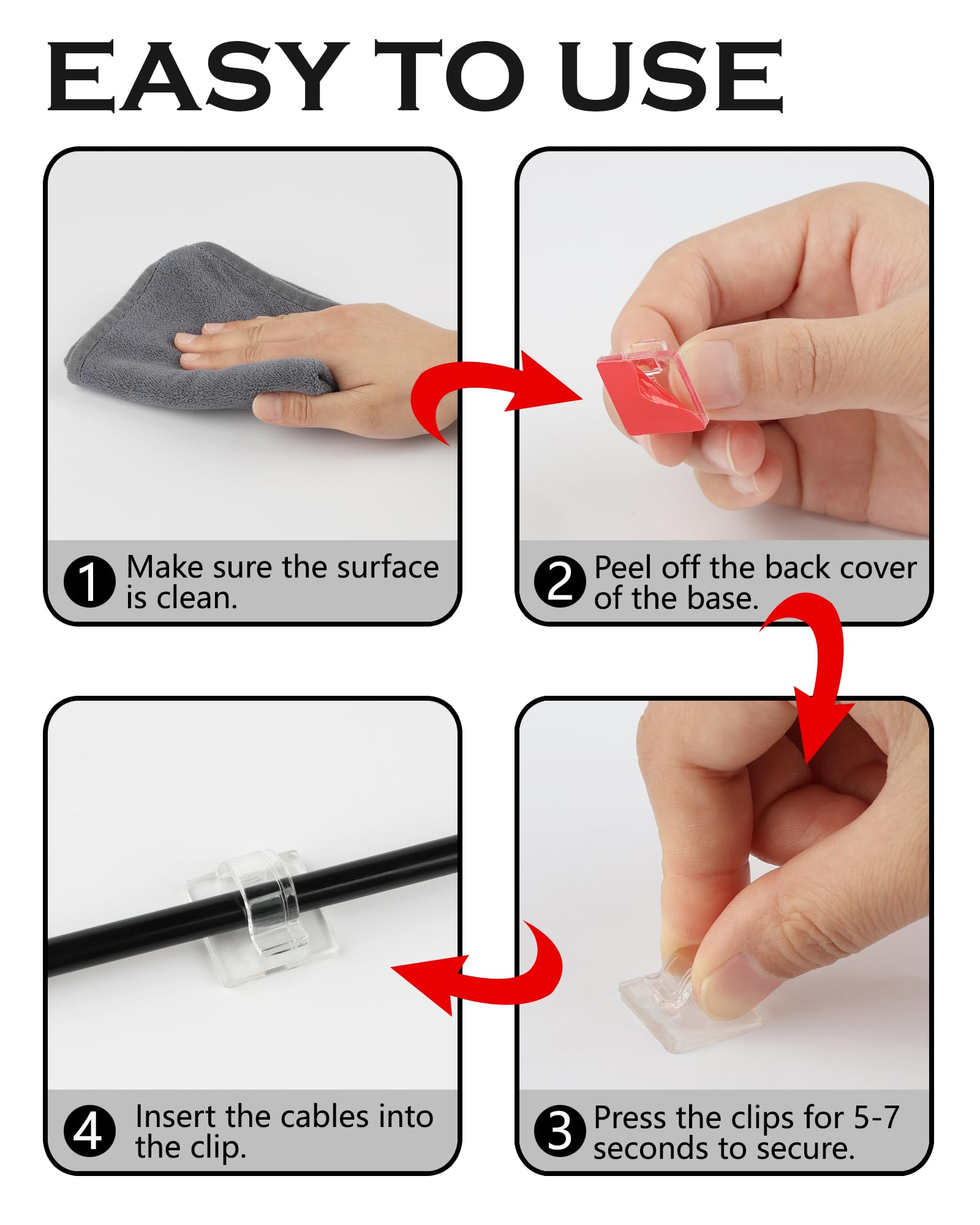 Clips Câbles Autocollants sans Perçage 100 PCS, Adhésif Fort sans Trace, Rangement Cable pour Bureau Mur Guirlande, Transparent