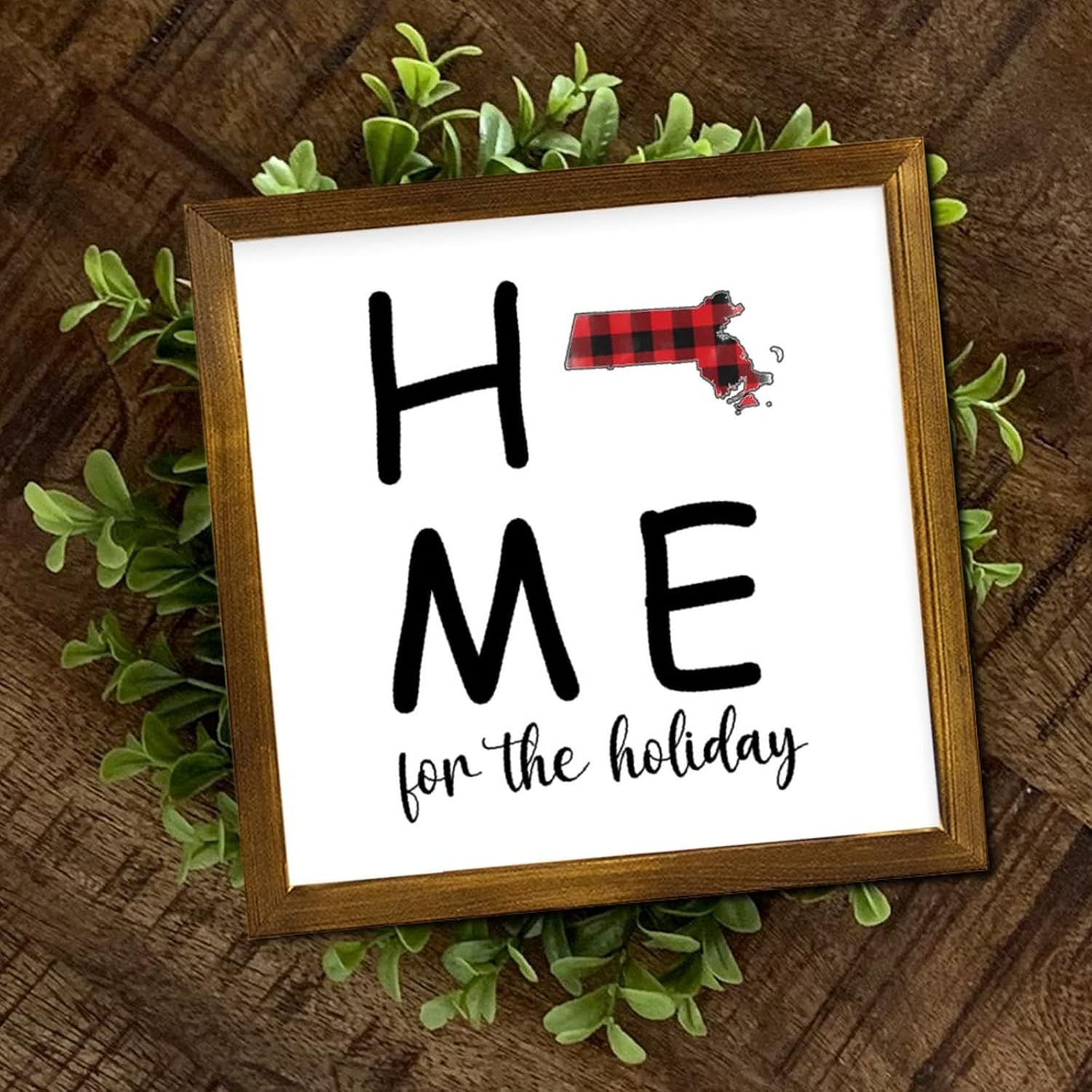 Massachusetts Home for The Holiday Wooden Framed Sign Saying Quote Wall Art Signs Vintage Home Wall Decoration for Home Front Door Entryway Porch Housewarming Gift 12x12 Inch
