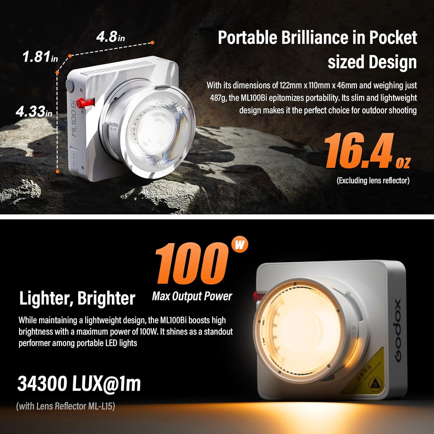 Godox ML100Bi 120W LED Video Light-Bi Color 2800K-6500K 33200Lux@1m, COB Continuous Output Lighting CRI 97+ TLCI 98+, App Control, USB-C Charging, 11 FX Effects for Filming/Live Streaming/Photography