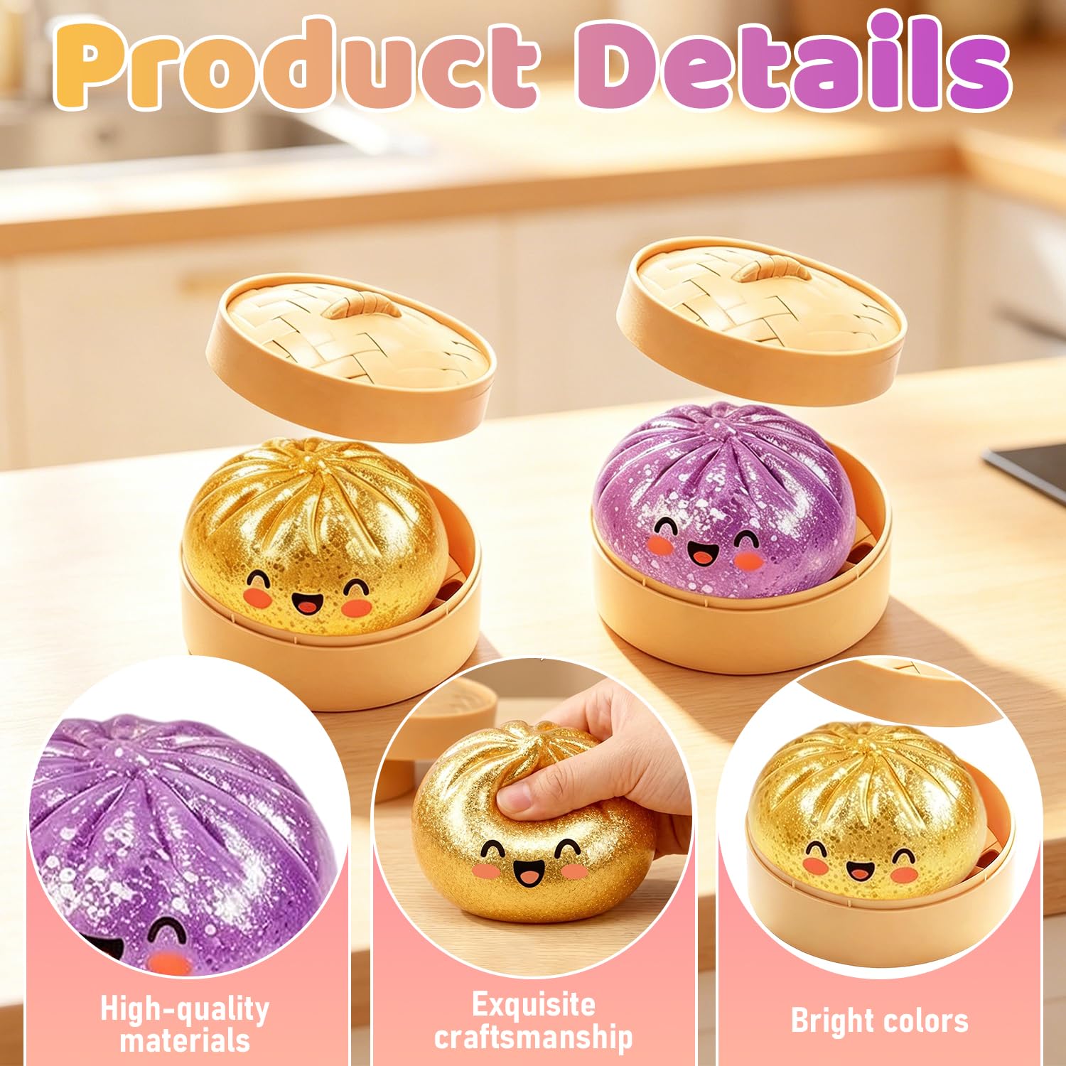 Giocattoli Antistress Gnocco, 2Pezzi Glittere Dumpling Squishys, Giant Glitter Dumpling Squishy Toy, Squishys Dumpling con Vaporiera, Fidget Toys, Squishy Ravioli Giganti, Regalo per Adulti