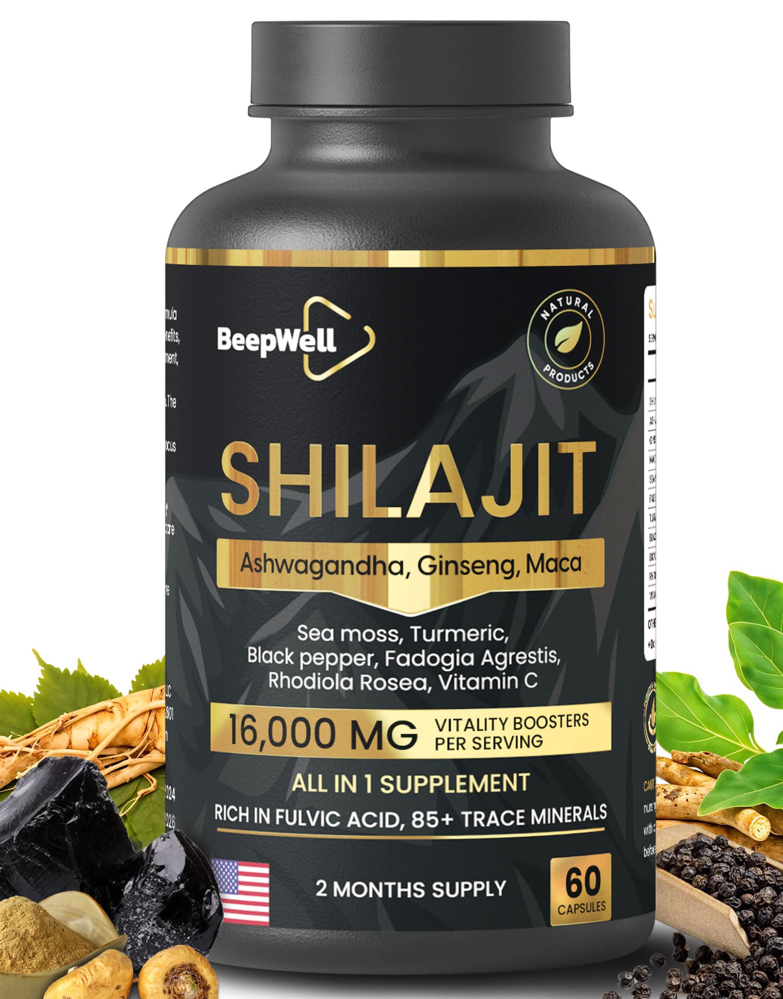 Shilajit Capsules for Men & Women, 16,000mg Pure Himalayan Organic Shilajit Supports Vitality and Wellness,Premium Pure Himalayan Supplement 2 Months Supply, 60 Capsules
