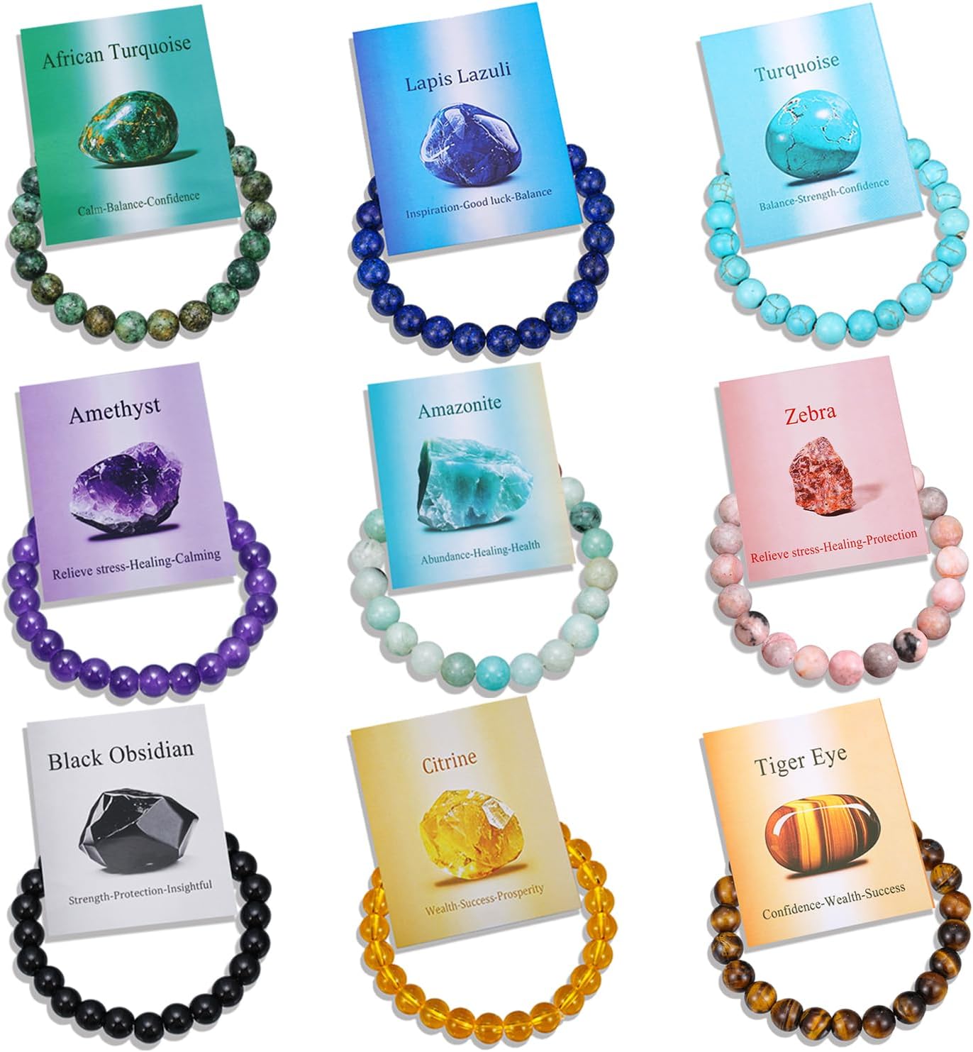 COLOYAN 9PCS Healing Crystal Bracelets for Women Men 8mm Natural Stone Beaded Stretch Bracelet Handmade Reiki Spiritual Jewelry