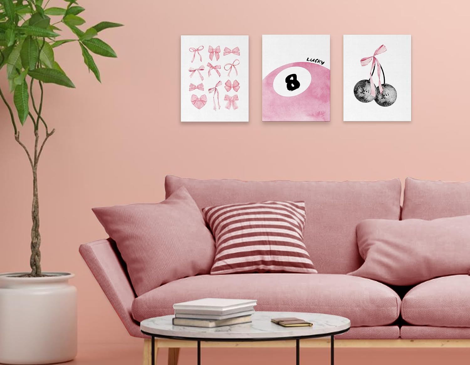 LiTiu Canvas Prints Framed Wall Art, Coquette Preppy Room Decor Aesthetic Set of 3, Pink Lucky 8 Ball Bows Disco Ball Cherry Preppy Coquette Wall Decor for Girls Bedroom Dorm 11x14 in