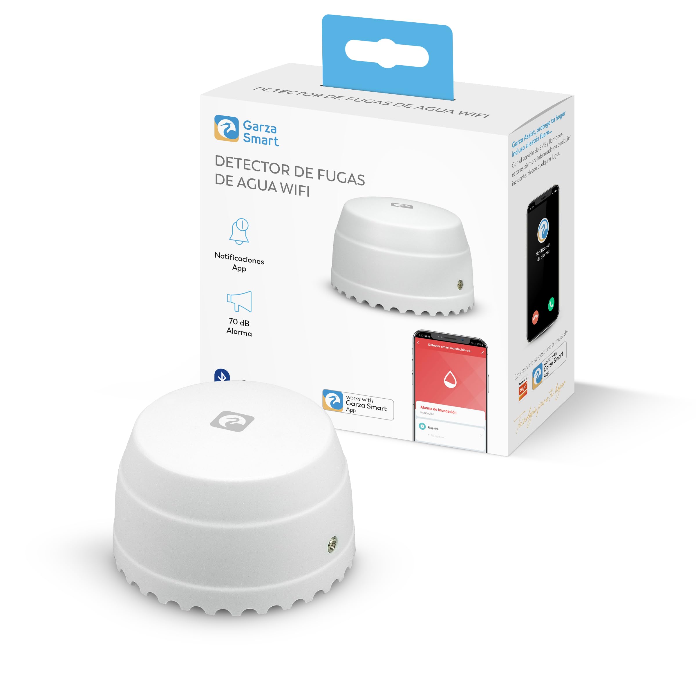 Garza Smart - Detector de Agua WiFi Inteligente para Filtraciones, Inundaciones...con Notificaciones en Tiempo Real por App, Alarma Sonora de 55 db, No Requiere Instalación.