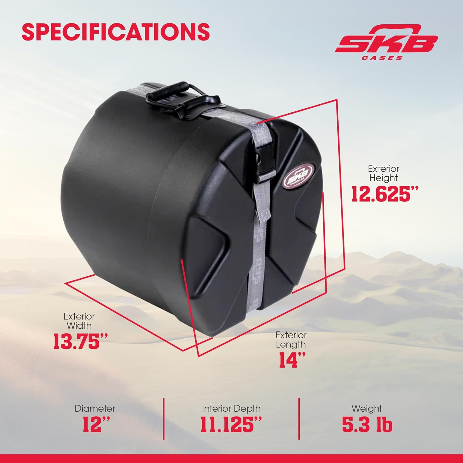 SKB 9" x 10" Tom Case with Padded Interior, D-Shaped Drum Design, and Molded in Feet for Upright Positioning and Stability, Black