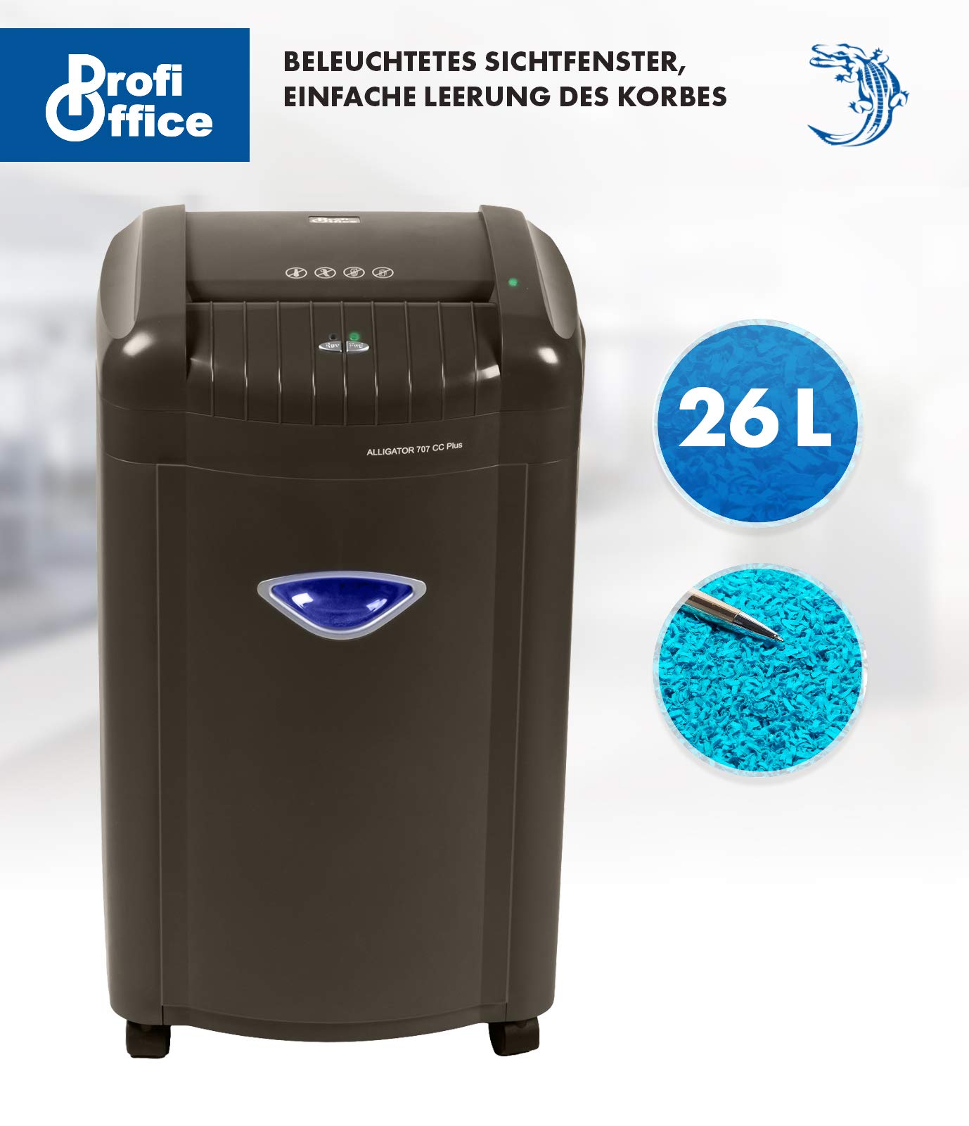Destructora de Papel Alligator 707 CC+ – Trituradora Silenciosa Corte Cruzado P-4 | Whisper Technology | para Oficina y Hogar, Papelera 26L con Iluminación LED, 7 Hojas