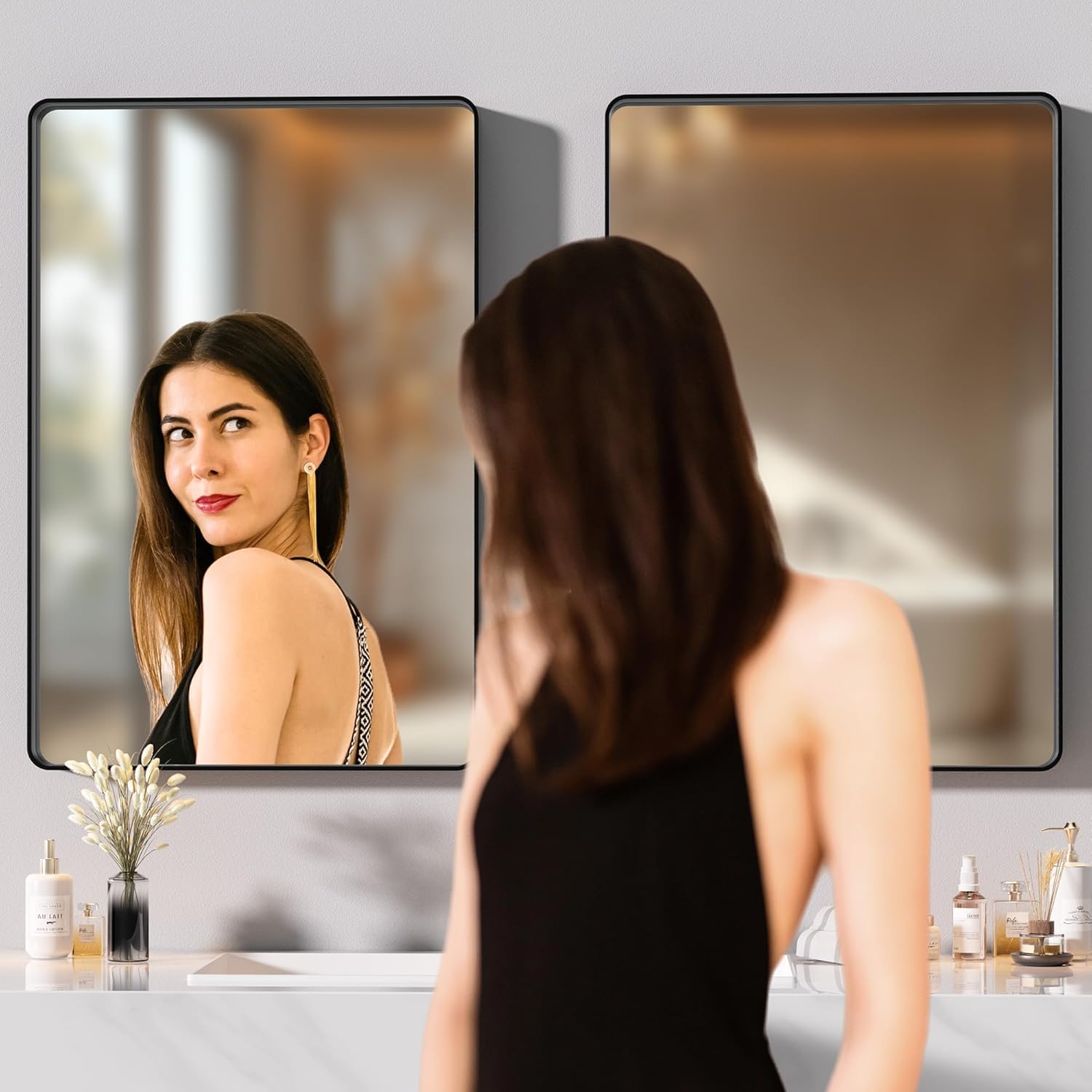 Hasipu 2 Pack 36x24 Inch Rectangle Bathroom Mirror Set, Black Frame Tempered Glass Vanity Mirrors, Horizontal/Vertical Wall Mount for Double Sink
