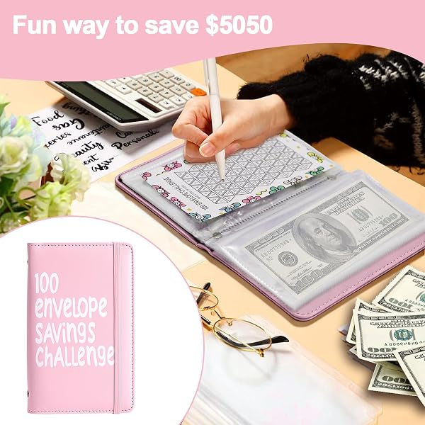 100 Envelope Savings Challenge Book, Reusable A6 Money Budget Binder or Cash Envelopes, Saving Challenges Book Easy and Fun Way to Save $5,050, Cash Wallet Envelope for School, Home, Office(Pink) - 4