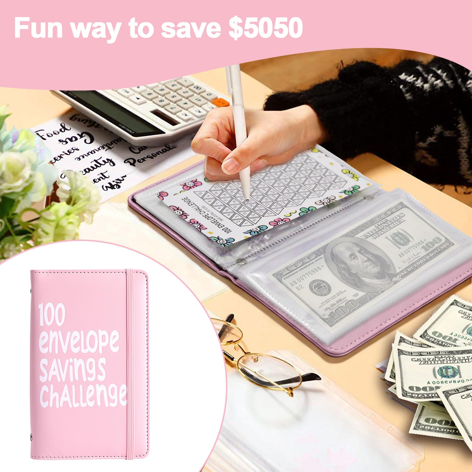 100 Envelope Savings Challenge Book, Reusable A6 Money Budget Binder or Cash Envelopes, Saving Challenges Book Easy and Fun Way to Save $5,050, Cash Wallet Envelope for School, Home, Office（Pink） - 5