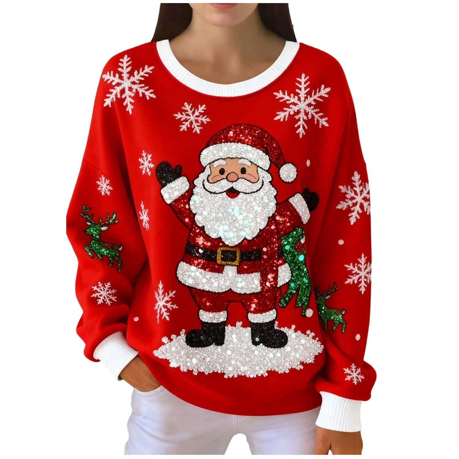 Christmas Sweatshirts for Women Funny Casual Long Sleeve Ribbed Crew Neck Christmas Tree Oversized Xmas Sweater Pullover