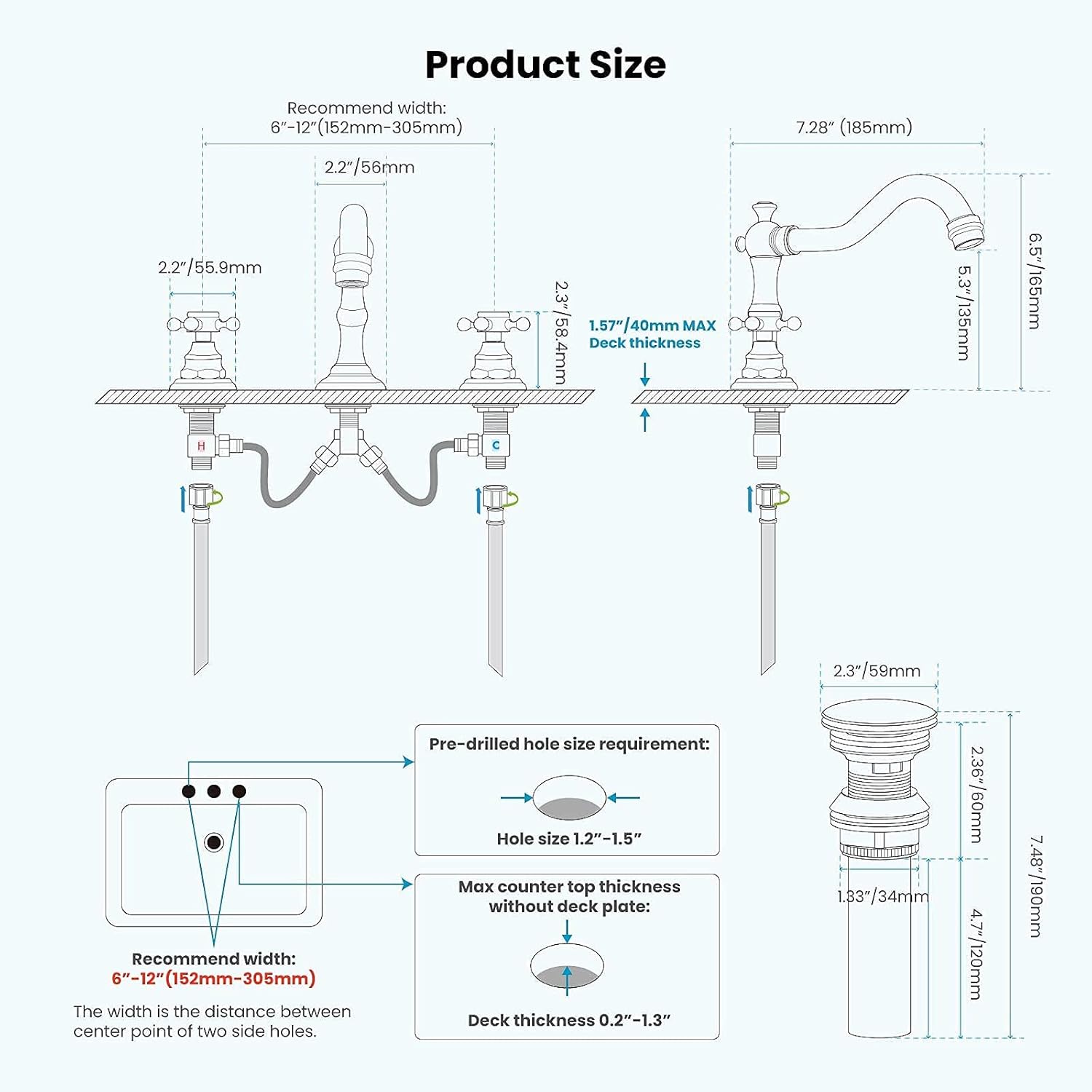 Bathroom Shower Fixture Polish Chrome 8 Inch Wall Mount Handheld Spray 2 Cross Handle Widespread Bathroom Faucet 3 Holes Deck Mounted with Pop Up Drain with Overflow Victorian Style Dual Cross Knobs