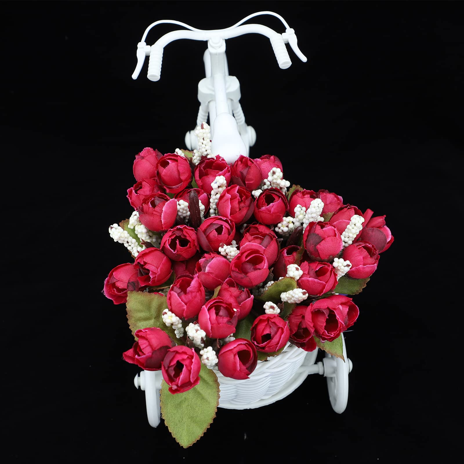 Nostalgic Bicycle Artificial Rose Flower Plant Stand Basket Decoration Creative Desktop Floral Personalized Fake Rose Arrangements for Home Tabletop Centerpieces Wedding Party Decor (White - Image 4