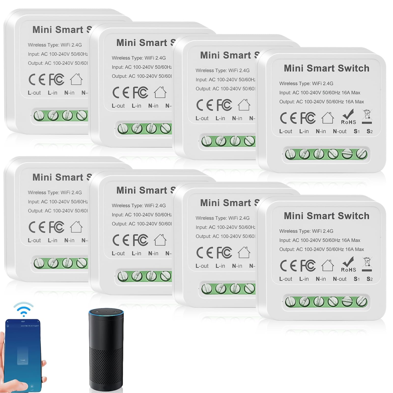 8 piezas Módulo inteligente de interruptor de iluminación de 1 vía con control doble, Mini interruptor Wi-Fi DIY se adapta detrás del módulo de interruptor de pared Compatible con la aplicación Tuya