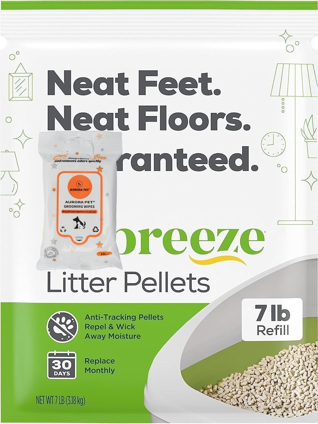 Cat Breeze Cat Litter Pellets, Refill 7 Pounds with Aurora Pet Wipes
