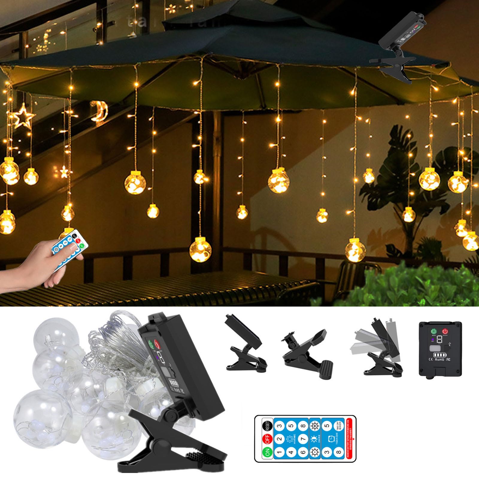 Bseka Solar Gazebo Light Strip, 8 Modes,IP68 Waterproof, Clip Type Solar Panel with Remote Control (Mode Display/Power Display) Soft Light Strip, Outdoor Court. (White)